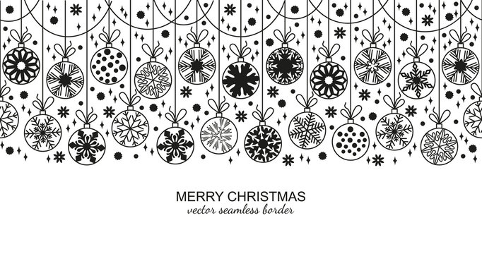 Black seamless snow flake border isolated on white background, Christmas design for greeting card. Vector illustration, merry xmas snowflake header or banner, wallpaper or backdrop decor