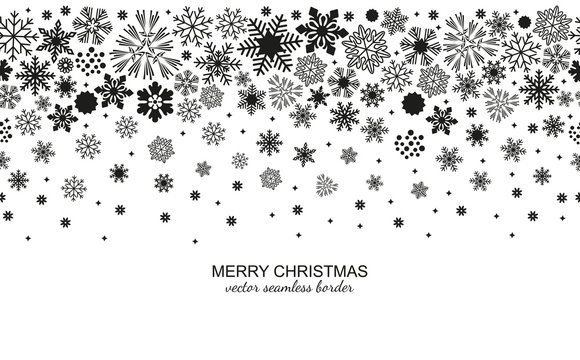 Festive seamless snowflake header isolated on white background, Christmas design for invitation or greeting card. Vector illustration, merry xmas flake border or banner, wallpaper or backdrop decor