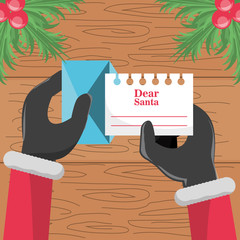 santa claus hands with christmas wish list colorful design vector illustration