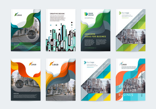 Business vector set. Brochure template layout, cover design annual report, flyer in A4 with colourful geometric shapes for PR, business, tech on bright background. Abstract creative design.