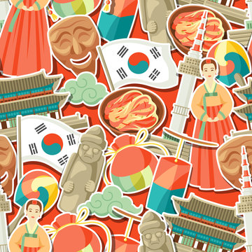 Korea seamless pattern. Korean traditional sticker symbols and objects