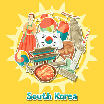 Korea background design. Korean traditional sticker symbols and objects