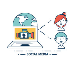 avatar people and laptop computer with social media related icons over white background colorful design vector illustration