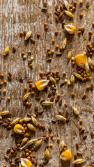 Various grains scattered on wooden background