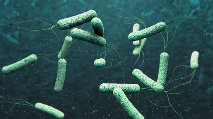 3d illustration of cholera pathogens in dark green water - obrazy, fototapety, plakaty