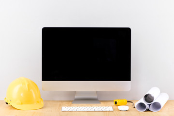 Engineer office working desk with desktop computer screen isolated.