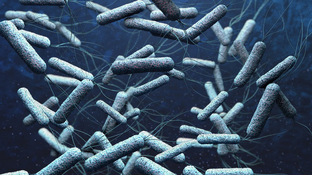 3d illustration of cholera pathogens in dark blue water