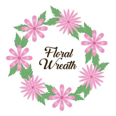 decorative wreath with leaves and pink flowers  icon over white background colorful design vector illustration