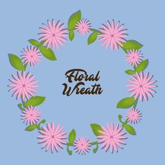 decorative wreath with pink flowers over blue background colorful design vector illustration