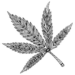 Cannabis leaf. Doodle and zentangle style. Hand drawn coloring book. Vector illustration.