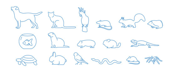 Collection of pet icons drawn with blue contour line on white background. Set of domestic animal linear symbols. Vector illustration.
