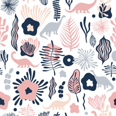 Vector seamless pattern with fantastic flowers and dinosaurs. Can be used for wallpaper, web page background, surface textures.