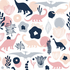 Vector seamless pattern with fantastic flowers and dinosaurs. Can be used for wallpaper, web page background, surface textures.