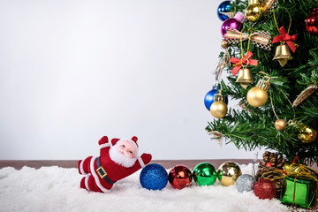 Christmas decoration Holiday or new year with Santa Claus and snowman on snow background and copy space