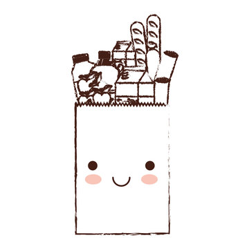 kawaii rectangular paper bag with foods sausage and bread apples and drinks orange juice and water bottle and milk carton in brown blurred silhouette