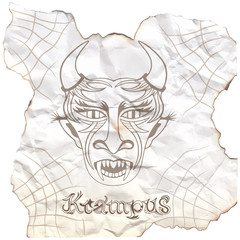 Portrait of krampus. Burnt paper with hand drawn text. Vector illustration.