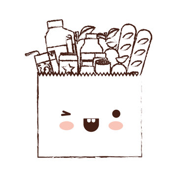 kawaii paper bag with market of food and drinks in brown blurred silhouette
