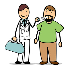 Cartoon Arzt bei Untersuchung von Patient
