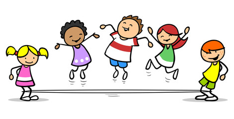 Kinder spielen zusammen Gummitwist in Schule