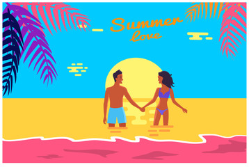 Summer Love Poster of Happy Couple Standing in Sea