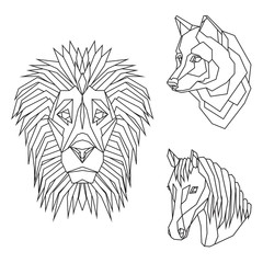 Geometric vector set with animal heads of lion, wolf and horse, drawn in line or triangle style, suitable for modern tattoo templates, icons or logo elements.
