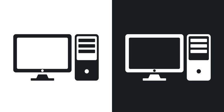 Vector desktop computer icon. Two-tone version on black and white background