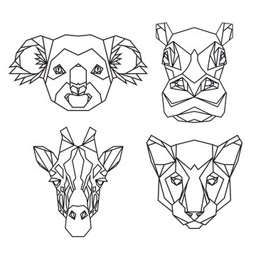 Geometric vector set of koala, hippo, puma, giraffe vector animal heads drawn in line or triangle style, suitable for modern tattoo templates, icons or logo elements. Векторный объект Stock