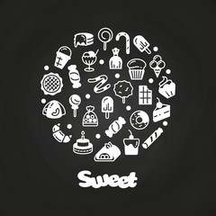 Sweet desserts cakes candies icons on chalkboard