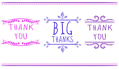 Thank you card templates. Big thanks. VECTOR handwritten words. Pink, purple and blue colors.