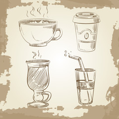 Hand drawn coffee tea and lemonade on vintage background
