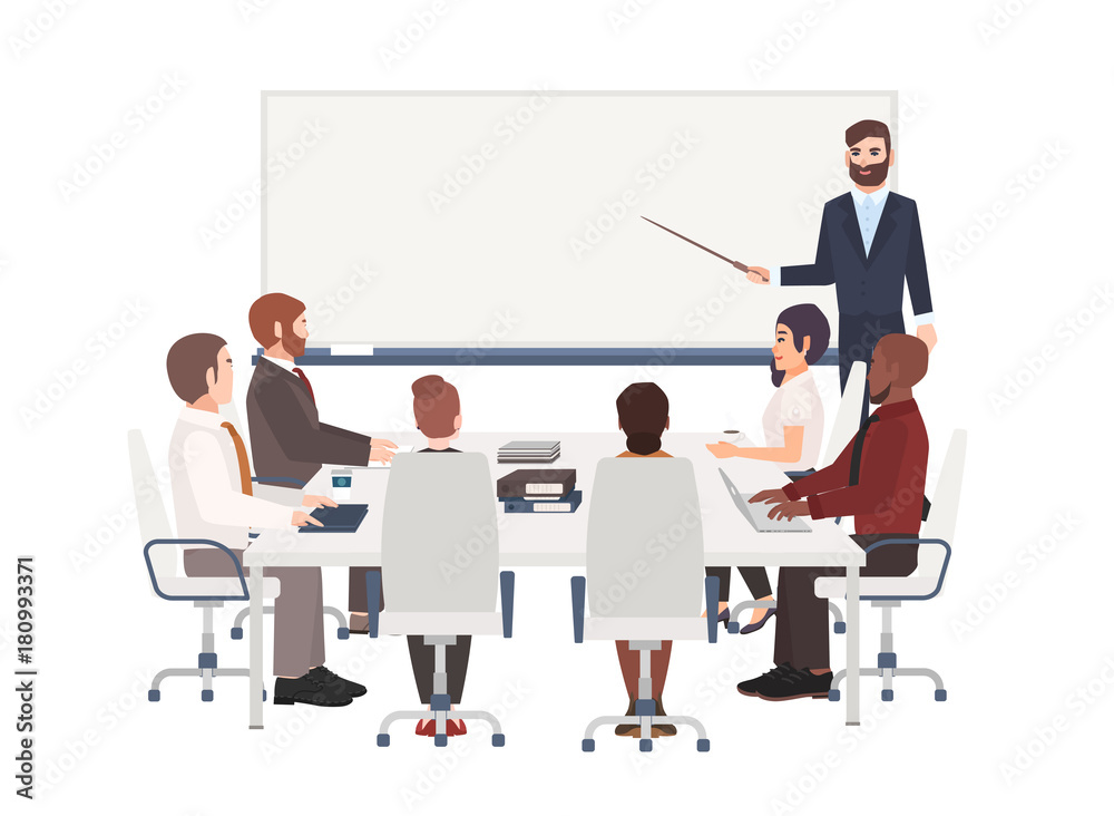 Poster group of cartoon people dressed in smart clothing sit around table and listen to man with pointer ma