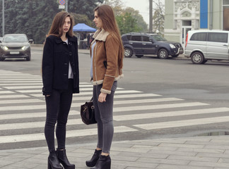 Two girls trying to cross the road at a pedestrian crossing