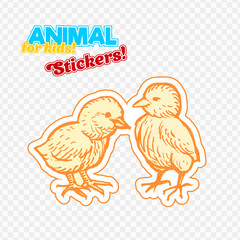 Farm animals chicken in sketch style on colorful sticker. Isolated on transparent background. Can be used for cute coloring book for children. Include silhouette for paper cutting