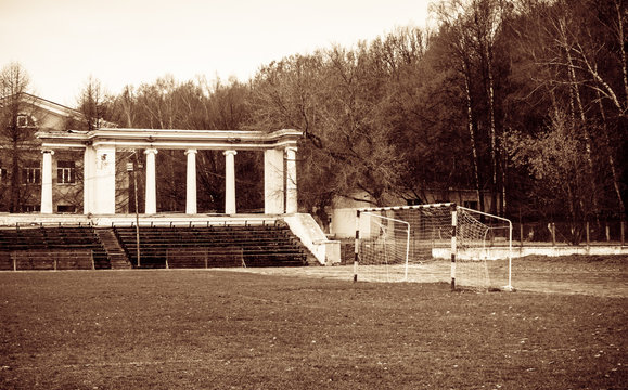 Football Goal On A Disused Old Stadium.