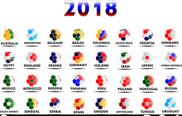 All the world football teams competing in tournaments in 2018. Abstract flag design for each country including Russia