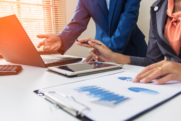 Business strategy investment concept : Two businessman confident executive colleagues meeting and discussing at office. Business plan brainstorming meeting for financial team.