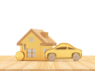 House, Car and Coin icons on wooden floor on white background. 3D illustration
