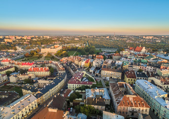 Lublin - stare miasto z lotu ptaka, z widocznym Zamkiem i ulicą Kowalską.