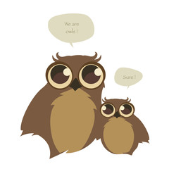 Cute two owls and speech balloons on white background