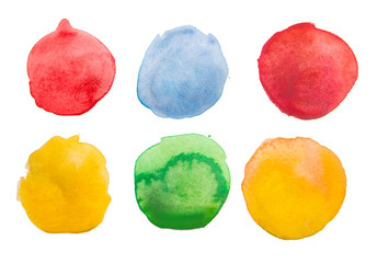 Watercolor circles isolated on white background. Colorful hand painted set.
