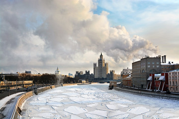 River embankment Moscow. Typical Stalin skyscraper building on Tinkers embankment