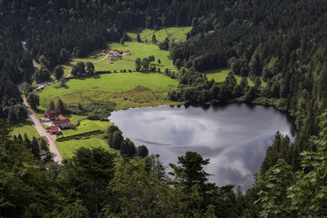 Obraz premium France, near Retournemer: Small lake and settlement in the woods - bird's eye perspective