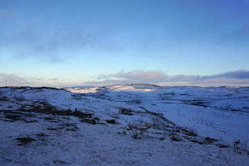 Tundra landscape cover with snow in early Winter on the way from Murmansk to Teriberka