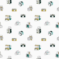 Trendy seamless pattern with hand drawn half colored vintage and modern photo cameras on white background. Vector illustration in doodle style for wallpaper, wrapping paper, textile print, backdrop.