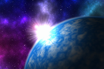 Sunrise over blue planet in deep space with stars