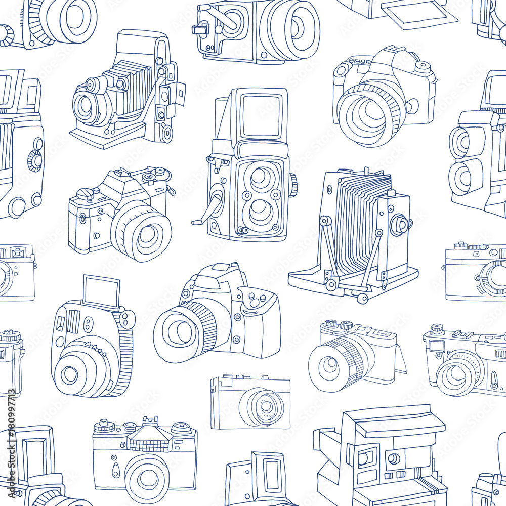Poster monochrome seamless pattern with old and digital photo cameras hand drawn with blue contour lines on