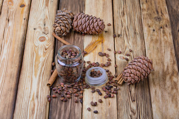 Nuts on a wooden table