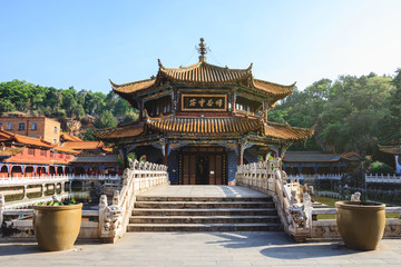Fototapeta premium Charming, traditional Chinese pavilion in Buddhist temple in the morning
