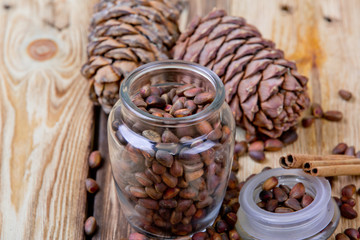 Nuts on a wooden table