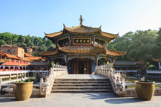 Charming, traditional Chinese pavilion in Buddhist temple in the morning